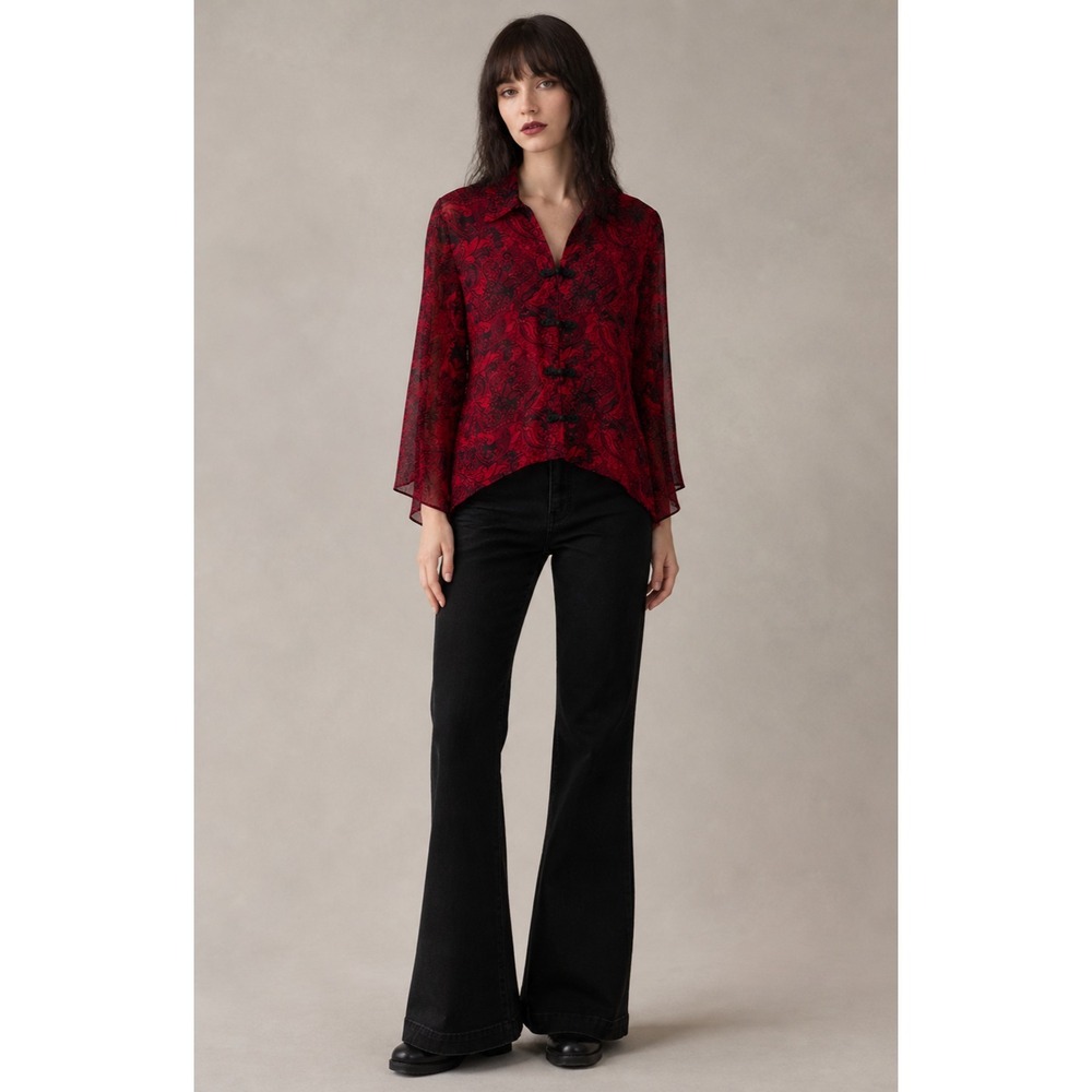 Vintage Y2K Sara Michelle Sheer Whimsigoth‎ Vamp Paisley Blouse Red Black 3X
